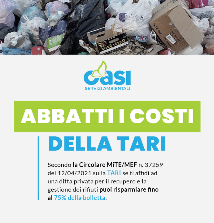 La #Circolare MiTE/MEF n. 37259 del 12/04/2021 sulla TARI, diffusa dal Ministero della transizione ecologica in condivisione con il Ministero delle finanze, prevede che un’azienda #privata che decide di affidarsi per almeno cinque anni ad una #ditta per il #recupero e la #gestione dei #rifiuti può ottenere uno sgravio che può raggiungere il 100% della parte variabile della TARI, che costituisce il 75% della #bolletta.